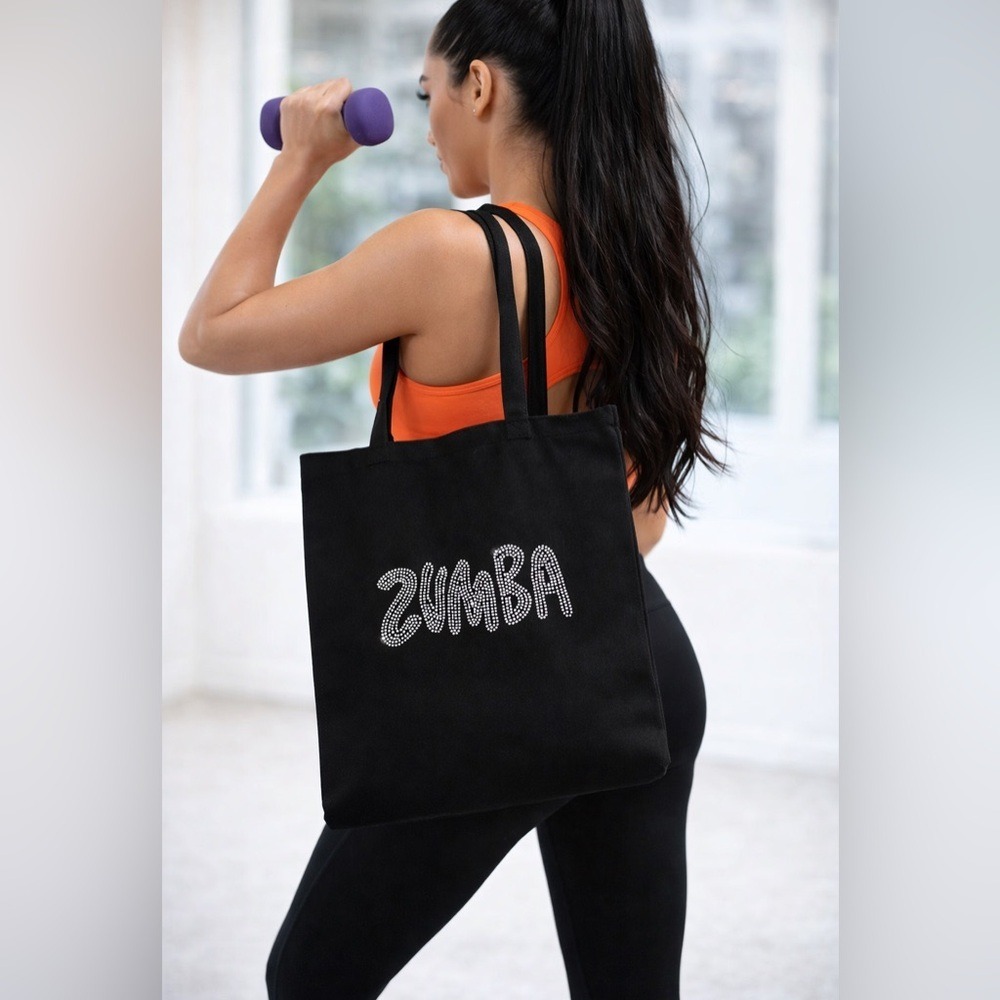 Zumba Rhinestone Tote Bag‎ Black Canvas Gym Workout Fitness Carryall
